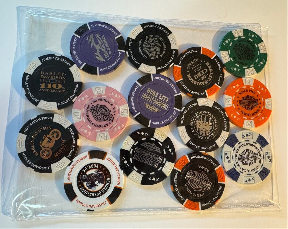 Harley-Davidson Poker Chip Lot of 14 Tokyo Cebu Alaska 110th 115th Anniversary